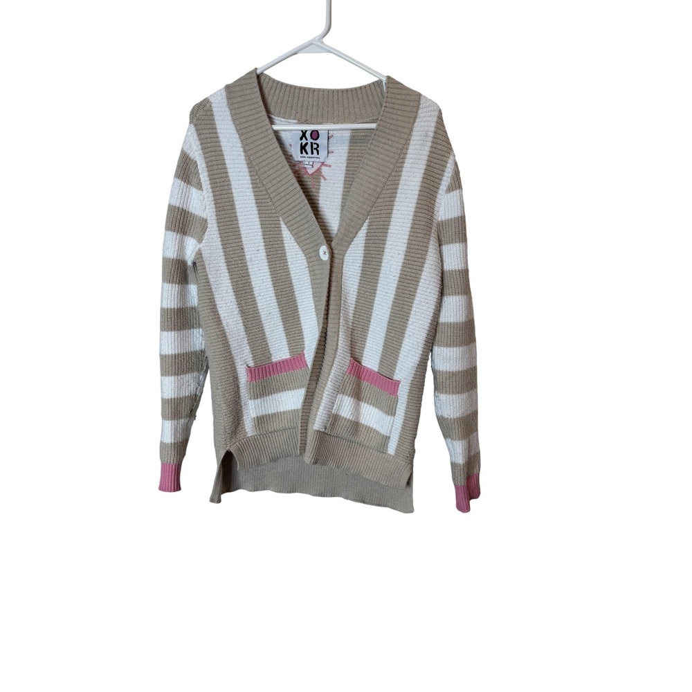 Kerri Rosenthal Cardigan Sweater Womens Small Beige White‎ Striped Pink Trim